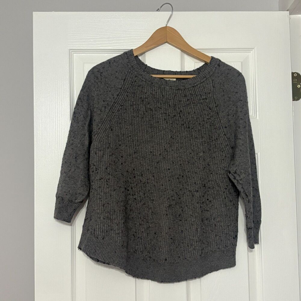 J Crew Sweater Womens L Gray Merino Wool Crew Neck Pullover 3/4 Sleeve